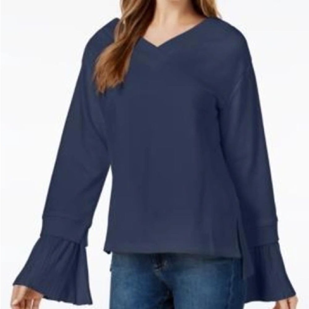 J.O.A Los Angeles Navy Blue V-neck Dressy Sweatshirt‎ Pleated Cuffs Top Medium